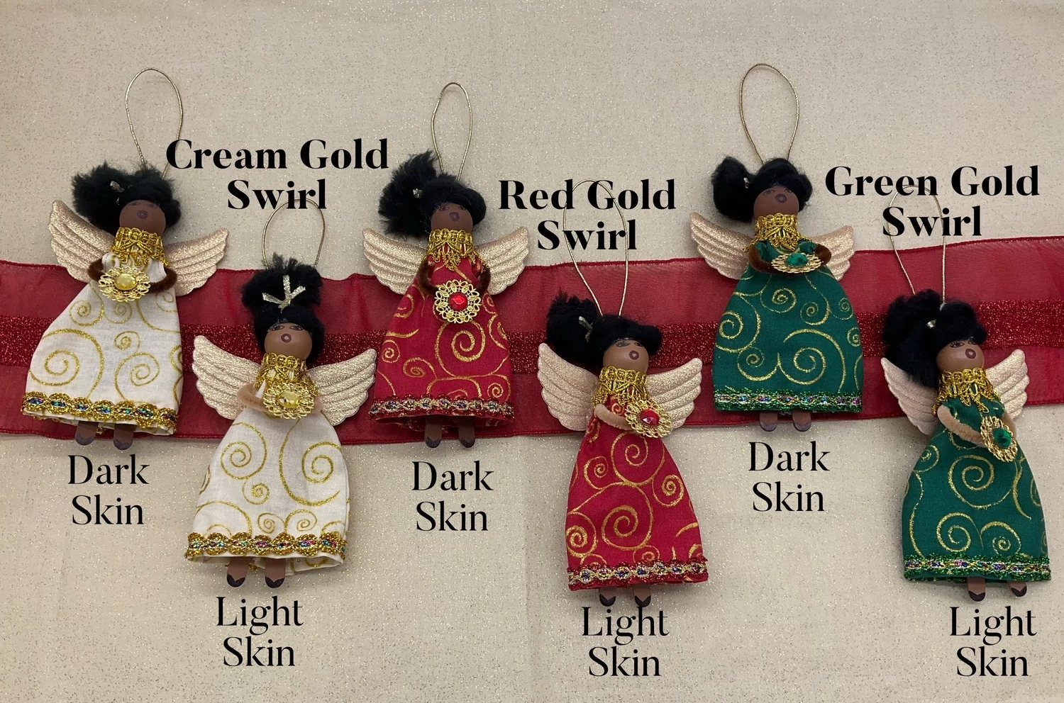 Christmas Tree Ornaments, Gold Jeweled Ornaments - BeYouTiFul Angels Swirl, Select your BeYouTiFul Angel: Red &amp; Gold - Light Skin Tone