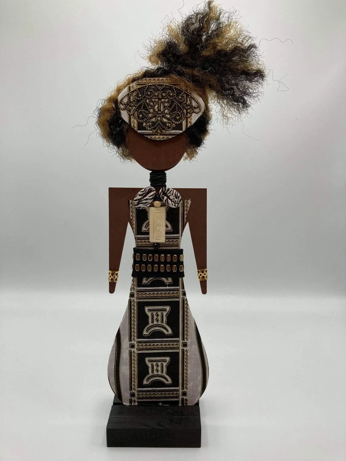 Afrocentric Doll, African Wood, Gallery Doll, OOAK, African Figurine, Black Art Doll, Kwanzaa Doll - Ankara Black &amp; White Tribal Fabric, Please select your style.: Mixed Kinky Hair