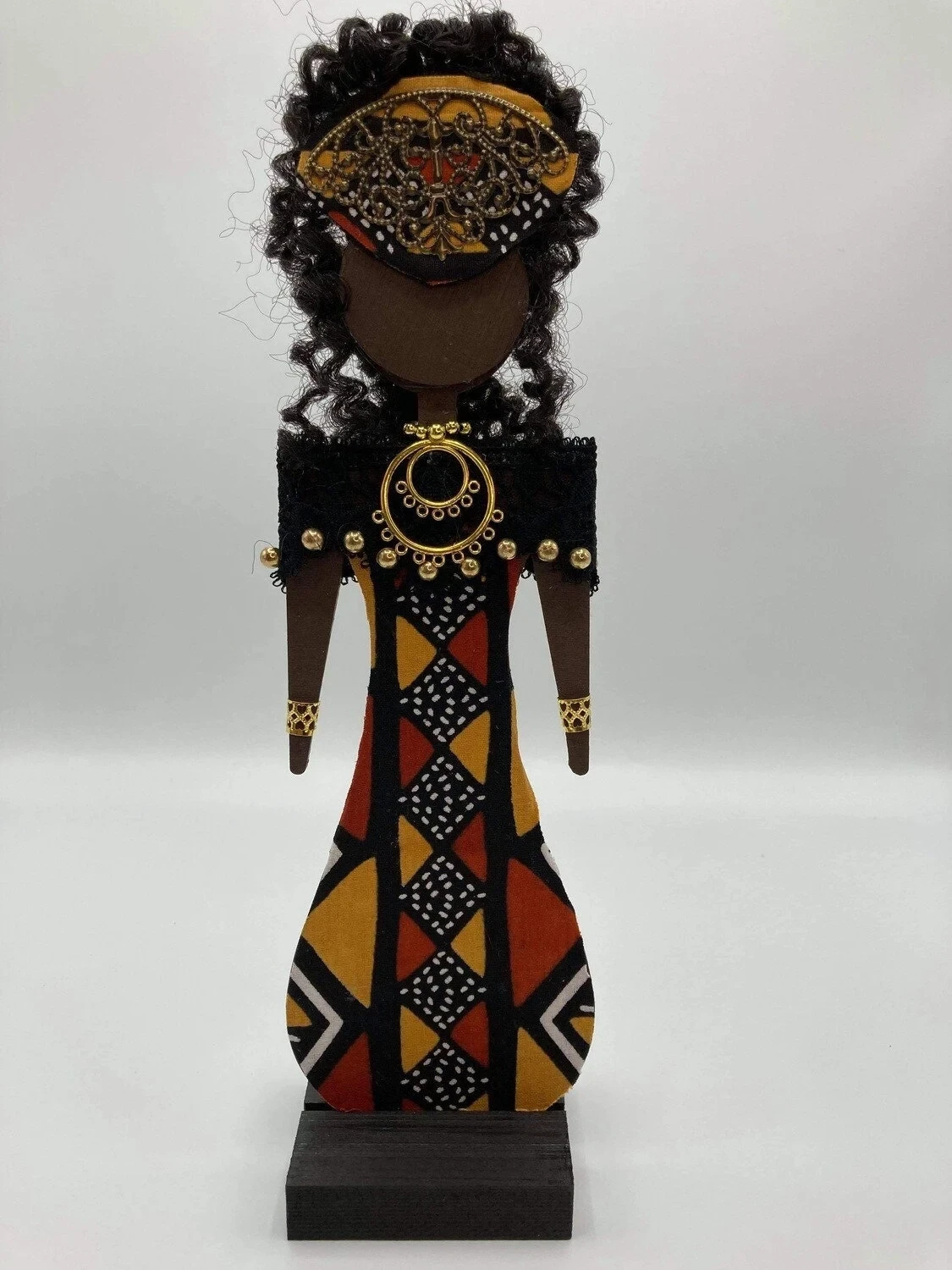 Wood Gallery Doll, OOAK, Kwanzaa Doll - Ankara Mudcloth Mixed Print, Select your Style: Mud cloth #1