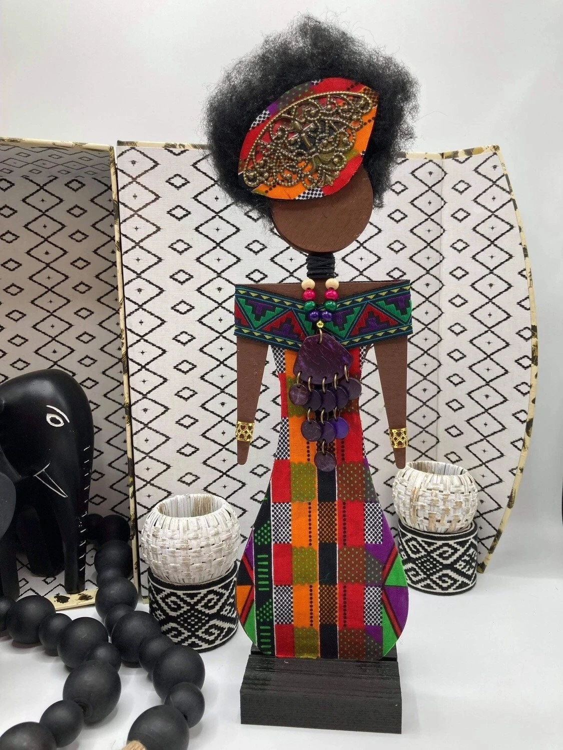 Wood Gallery Doll, OOAK, Kwanzaa Doll- Ankara Plaid Fabric