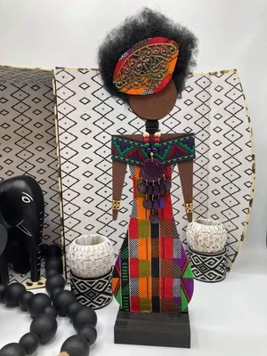 Wood Gallery Doll, OOAK, Kwanzaa Doll- Ankara Plaid Fabric