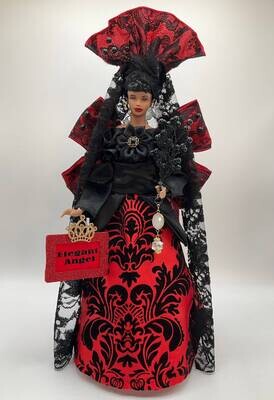 Elegant Queen Angel Christmas Tree Topper - Red &amp; Black Demask, Ornate Style, Lace Details
