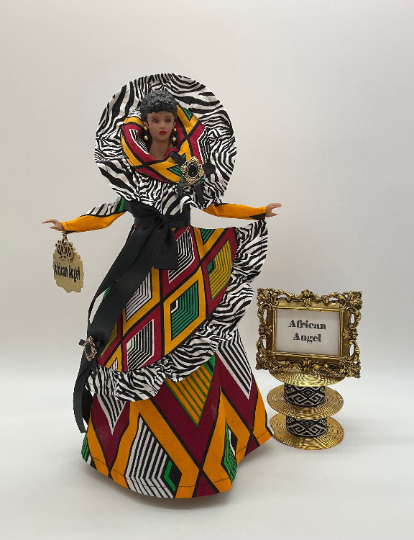 Beautiful Handcrafted African American Angel Figurine in Stunning African and Zebra Print Fabric