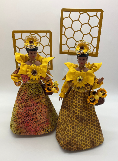 African American Angel Figurines - Honey Bee Fabric, Yellow Flowers, Mini Basket, African Daisies and Honeycomb Accents, Select your Angel Figurine Style: Angel Figurine in Honeycomb Fabric