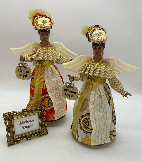 African American Angel Figurines in Paisley Orange, White and Gold, Select your Beautiful African Queen Angel: African Queen Angel in Orange &amp; Gold Fabric