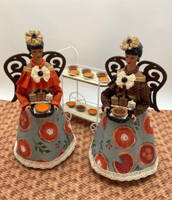 African American Angel Figurines - Mini Sweet Potato & Pecan Pies - Kitchen Baking Home Decor, Pie Fabric