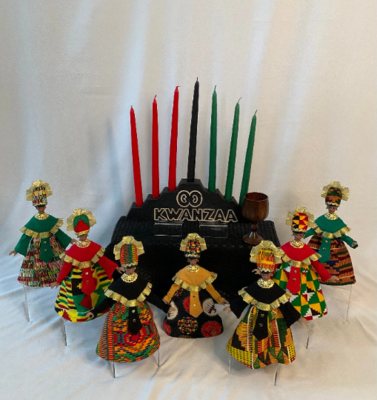 Kwanzaa Set of Seven Figurines, Black Ethnic Figurines, Kinara Candleholder, Happy Kwanzaa Holiday Celebration