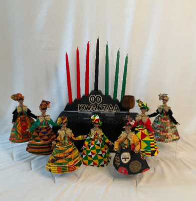 Kwanzaa Set of Seven Figurines for Tabletop and Holiday Celebration Decor, Kinara Candleholder and Cup