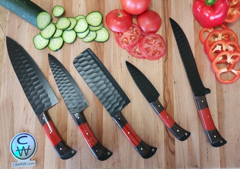 5-Piece Kitchen Set Black with Wood Red Resin Handle