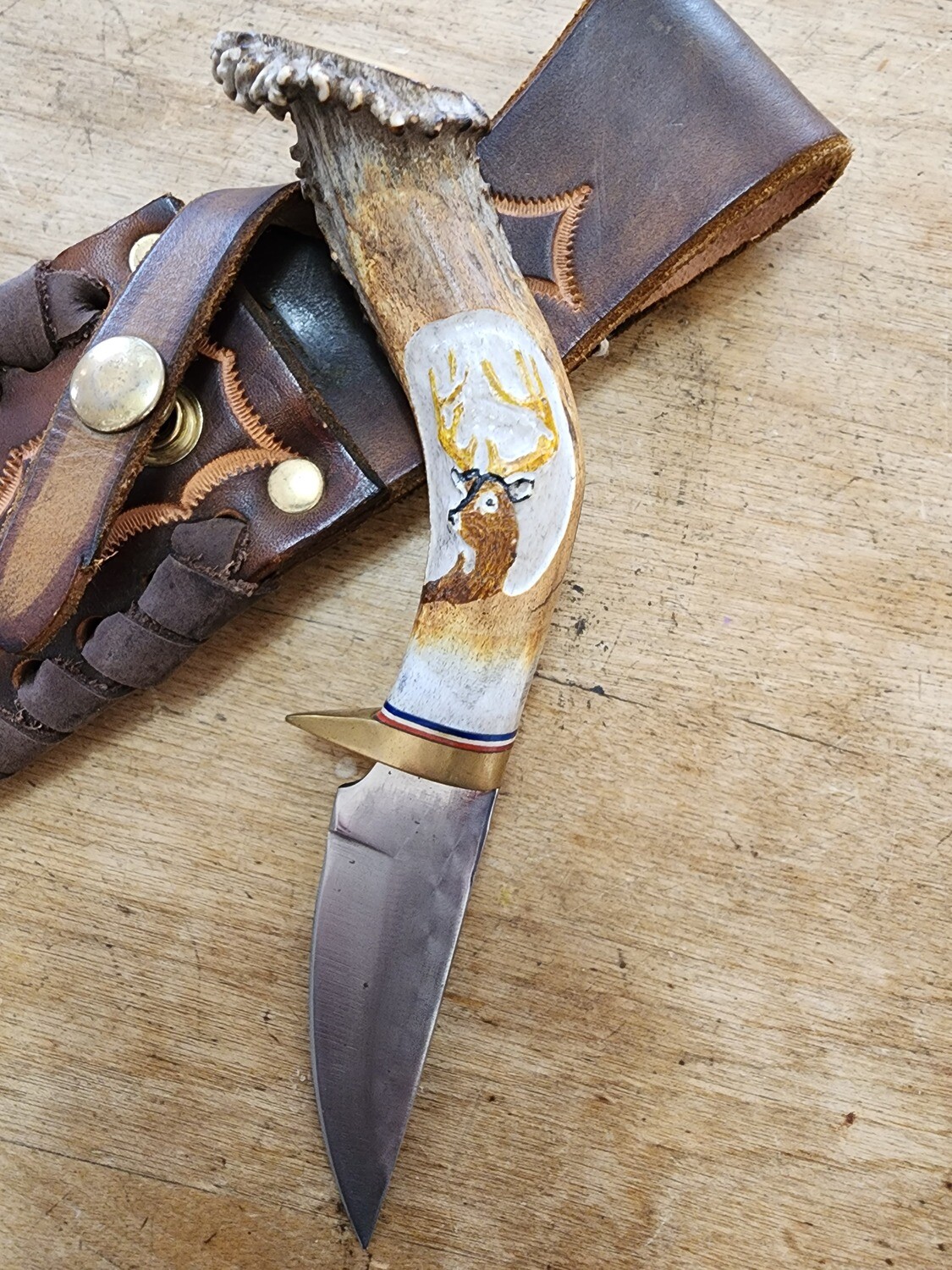 Ken Richardson Antler Handle Knife with Sheath, Engraved