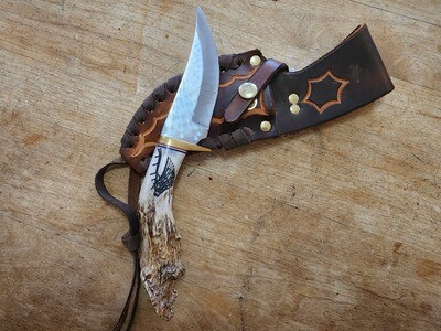 Ken Richardson Antler Handle Knife with Sheath, Engraved Elk
