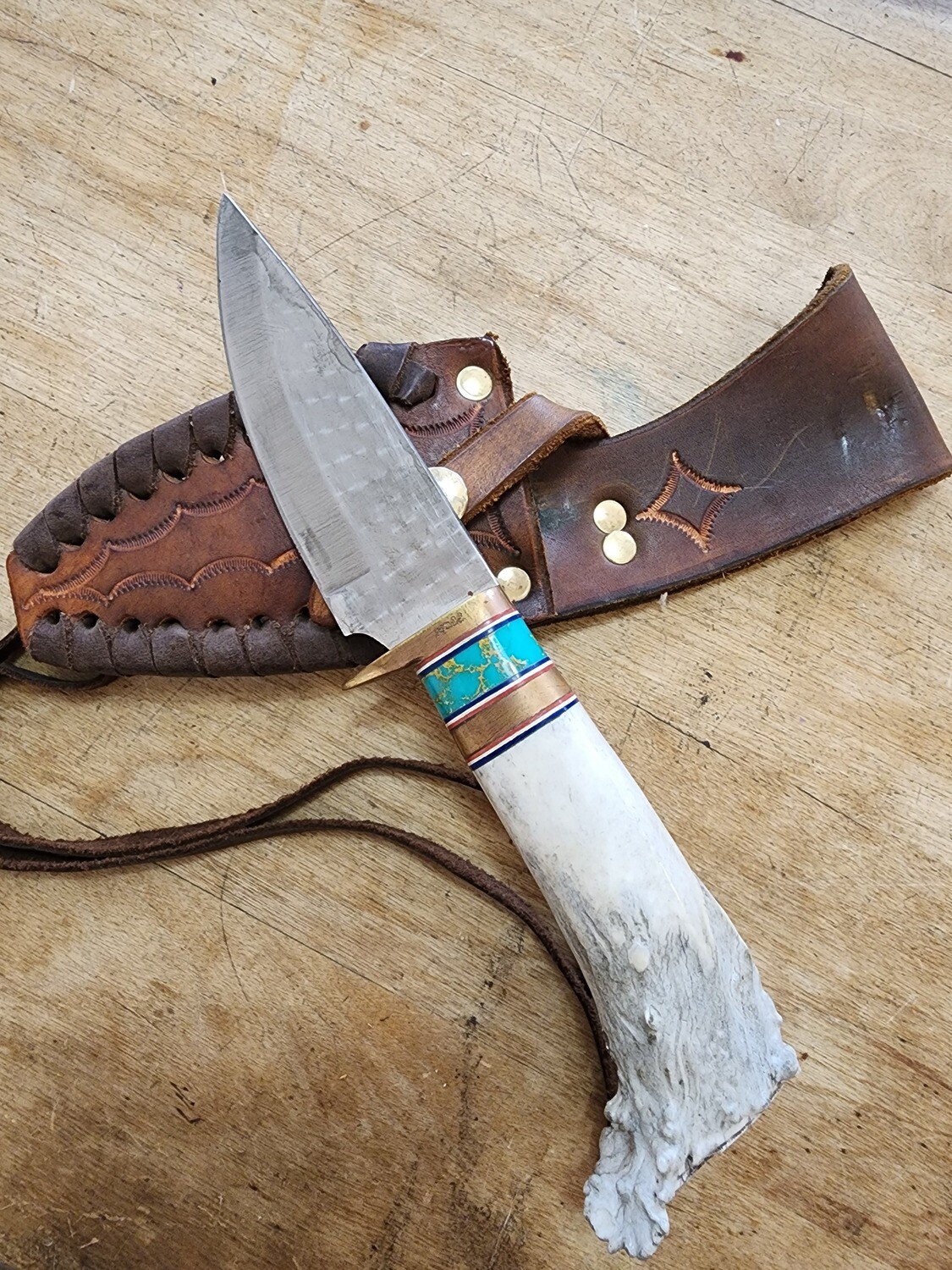 Ken Richardson Antler Handle Knife with Sheath, Kingman Turquoise, Engraved