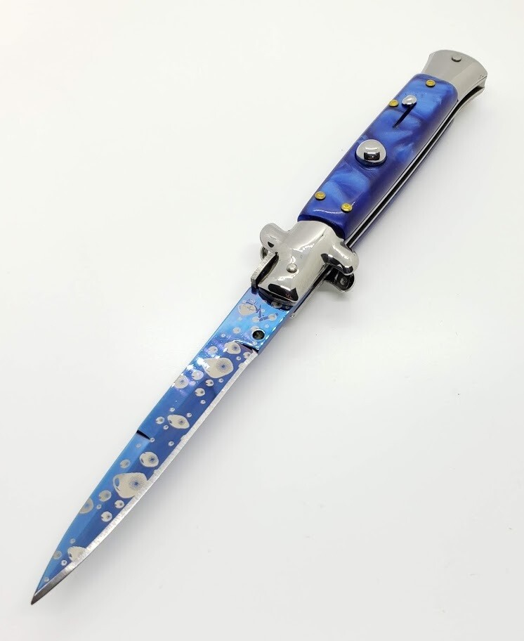 AKC - 8.75" Automatic Knife Stiletto Style Blue Blade & Blue Handle.