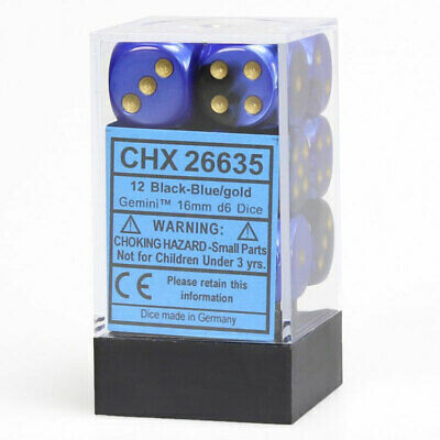 Chessex Chx 26635 Gemini Black-Blue/Gold 16mm d6 Dice Block (12 Dice)