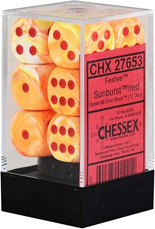Chessex Chx 27653 Festive Sunburst/Red 16mm d6 Dice Block (12 Dice)