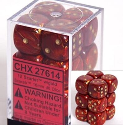 Chessex Chx 27614 Scarab Scarlet/Gold 16mm d6 Dice Block (12 Dice)