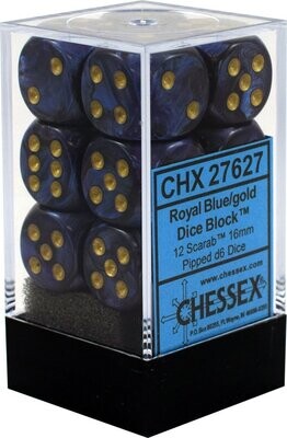 Chessex Chx 27627 Scarab Royal Blue/Gold 16mm d6 Dice Block (12 Dice)