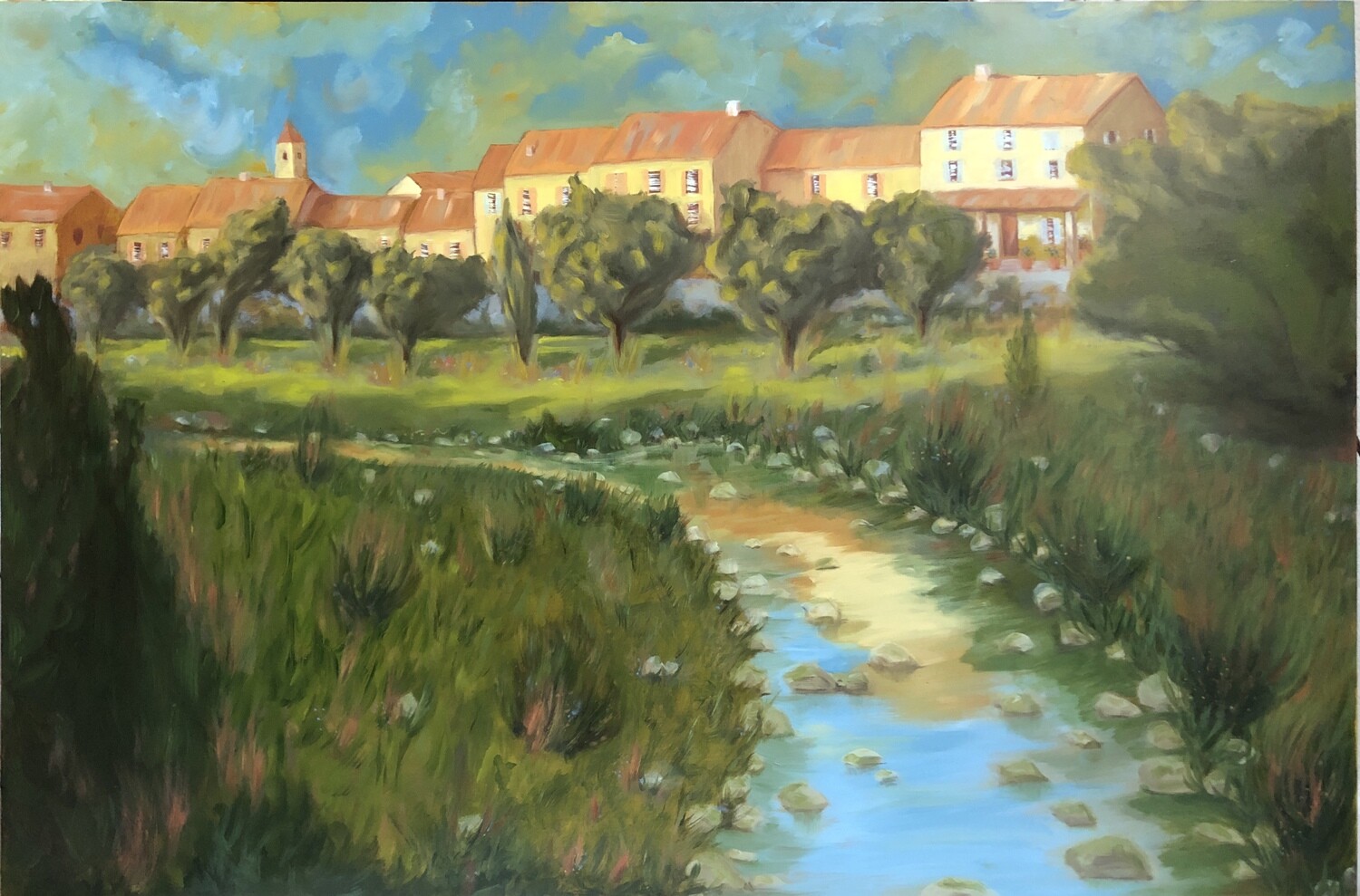 "L’etang du village" Oil landscape on wood frame 36x24 inch