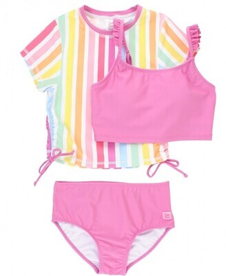 Rainbow Dream Stripe Cropped Rash Guard Bikini 3pc