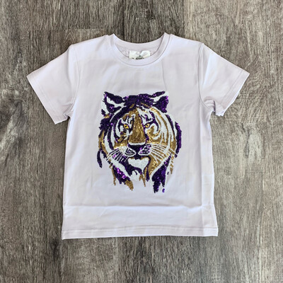 Lavender Tiger Face Sequin Youth Shirt