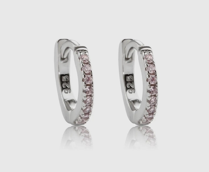 Sterling Silver Huggie CZ Hoop Earrings- Pink