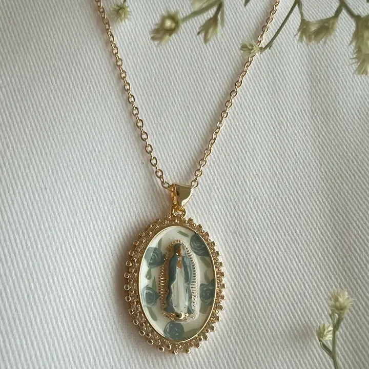 Mother Mary in Blue Roses Necklace