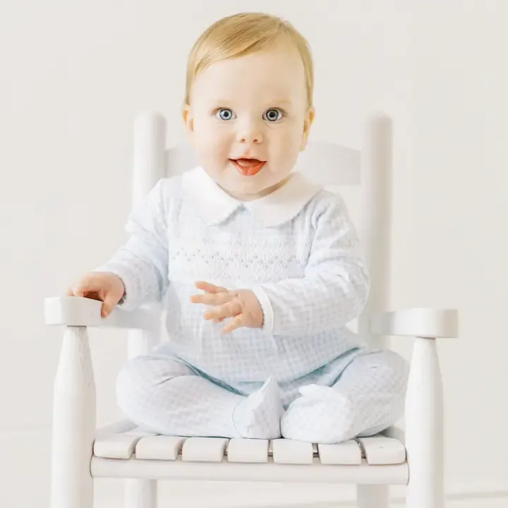 Mini Checks Smocked Footie- Blue