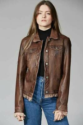 Distressed Brown Leather Jean Jacket
