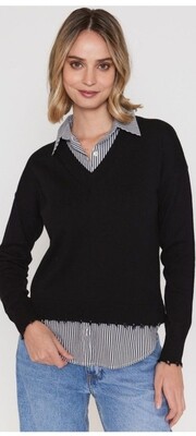 Black sweater with attached stripe shirt