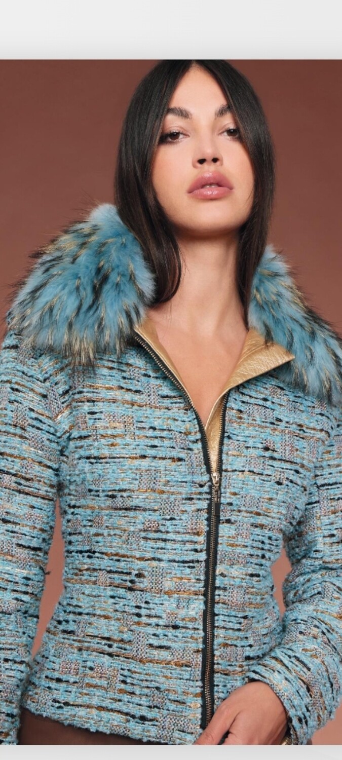 Tweed metallic fur collar jacket