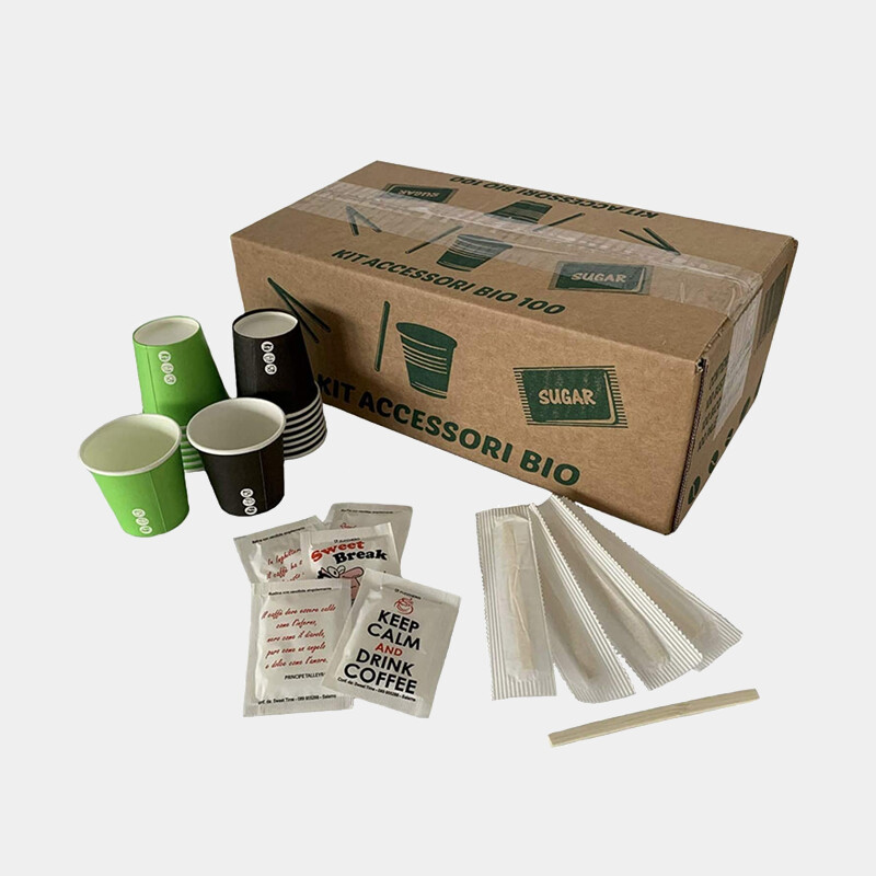 Kit Accessori &quot;Bio&quot;: bicchierini, zucchero, palette - da 100/150pz ciascuno (tot. 300/450 pz.)