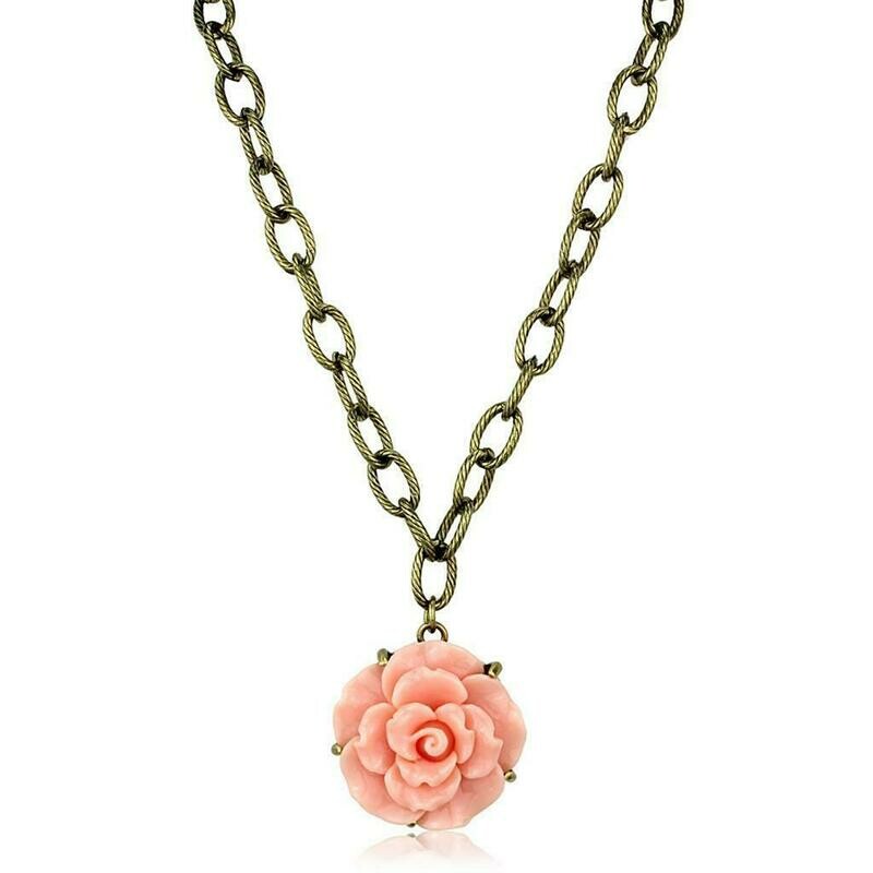 LO3662 - Antique Copper Brass Necklace with Synthetic Synthetic Stone in Rose