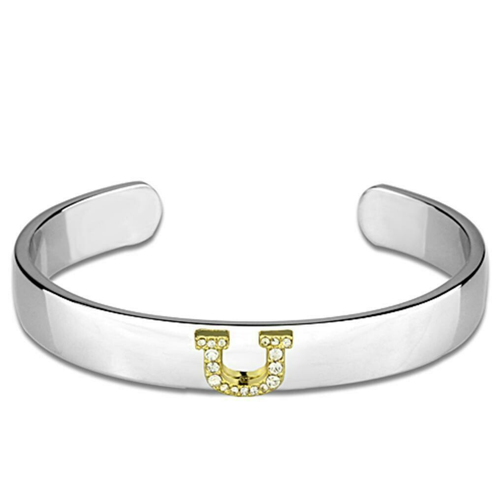 LO3631 - Reverse Two-Tone White Metal Bangle with Top Grade Crystal in Clear