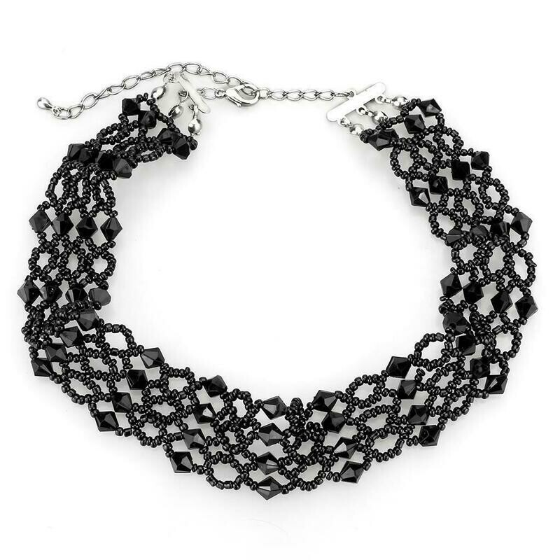 LO4718 - Rhodium Brass Necklace with Synthetic Synthetic Glass in Jet