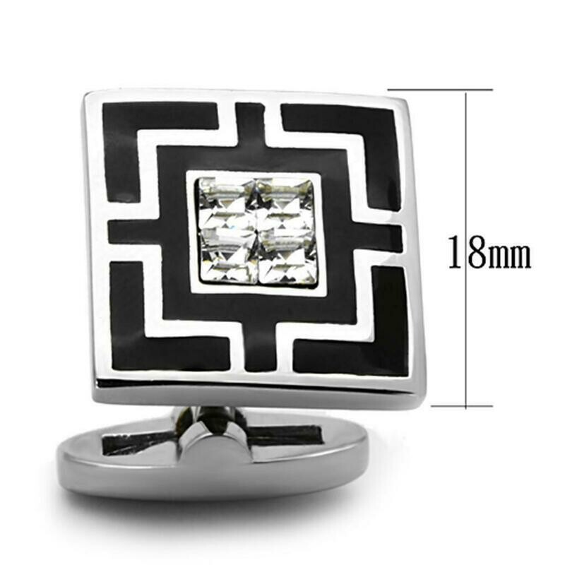 TK1267 - High polished (no plating) Stainless Steel Cufflink with Top Grade Crystal in Clear