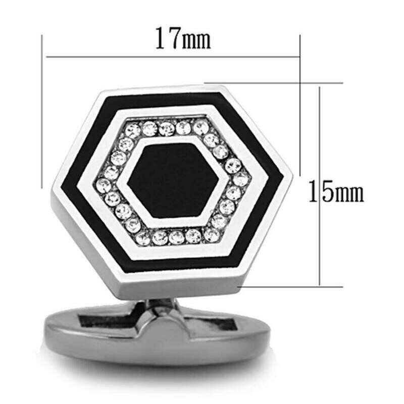 TK1262 - High polished (no plating) Stainless Steel Cufflink with Top Grade Crystal in Clear