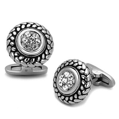 TK1261 - High polished (no plating) Stainless Steel Cufflink with Top Grade Crystal  in Clear