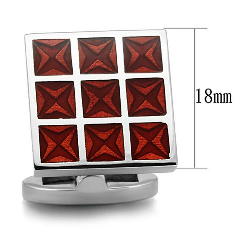 TK1272 - High polished (no plating) Stainless Steel Cufflink with Epoxy in Garnet