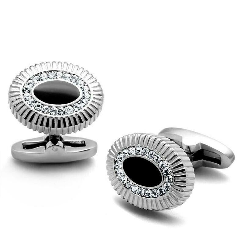 TK1656 - High polished (no plating) Stainless Steel Cufflink with Top Grade Crystal  in Clear