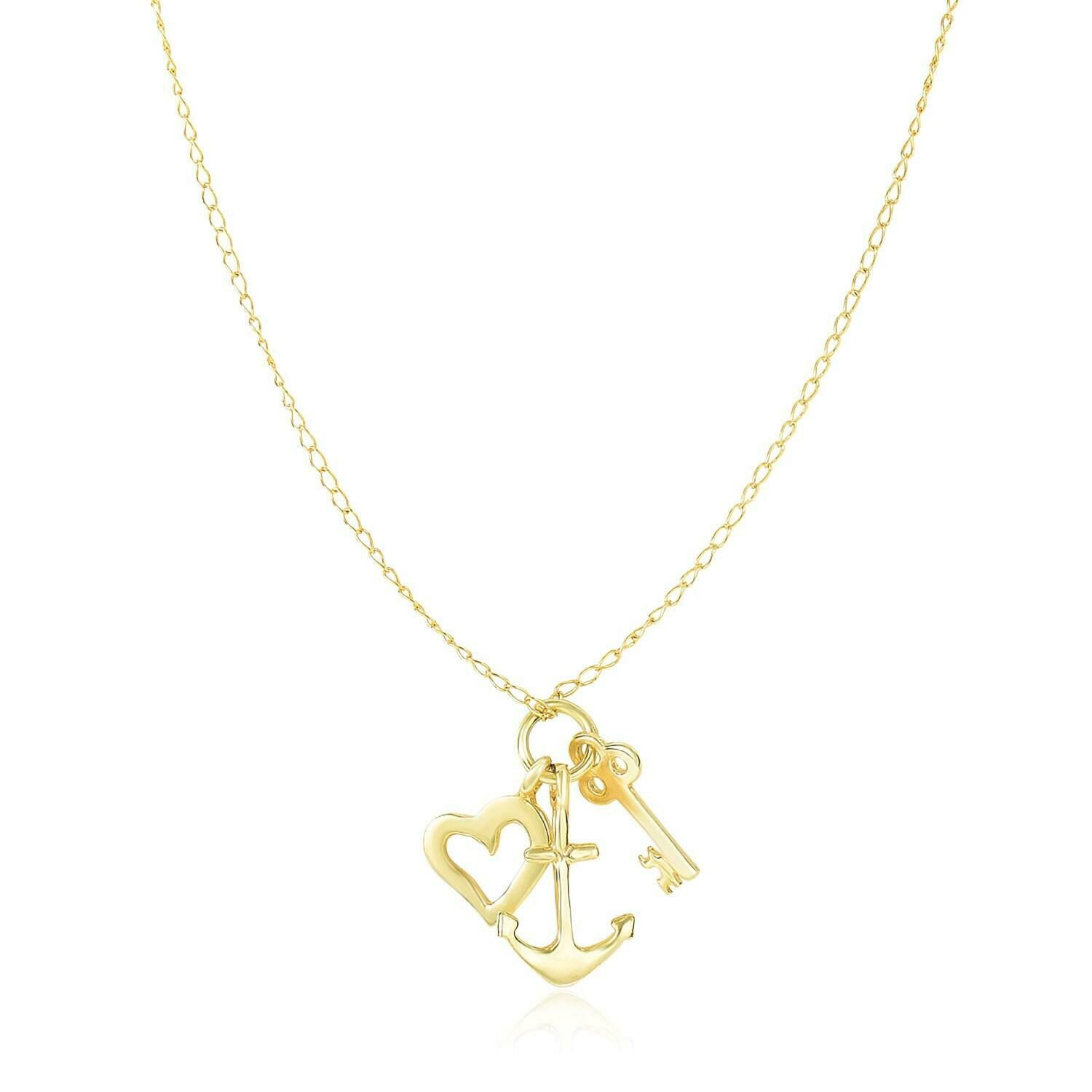 14k Yellow Gold Anchor, Heart, and Skeleton Key Cluster Charm Necklace, Size: 18&quot;