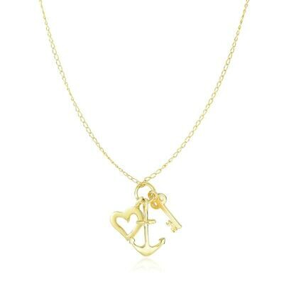 14k Yellow Gold Anchor, Heart, and Skeleton Key Cluster Charm Necklace