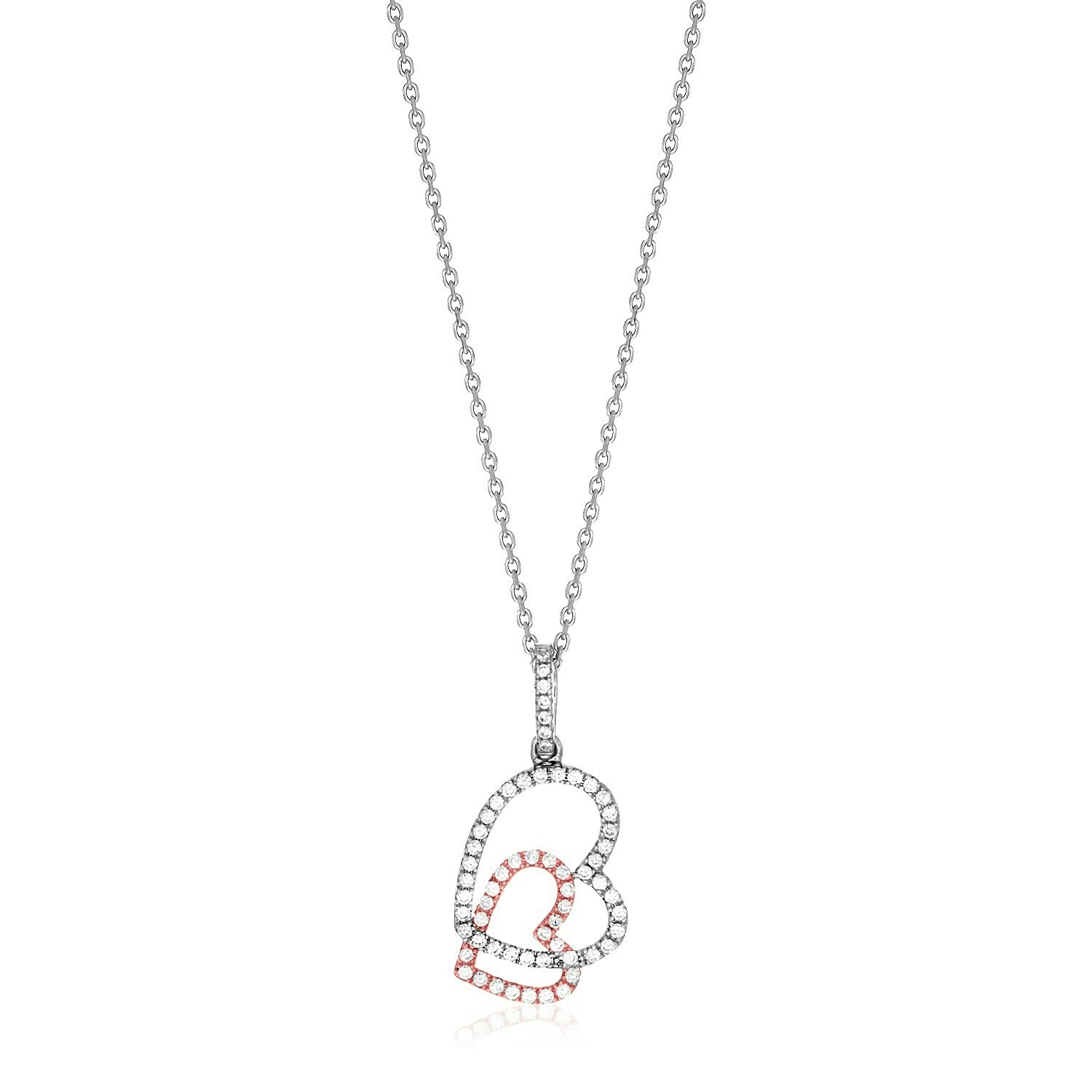 Sterling Silver Two Toned Necklace with Hearts and Cubic Zirconias, Size: 18&quot;