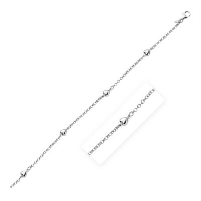 Sterling Silver Chain Anklet with Polished Hearts