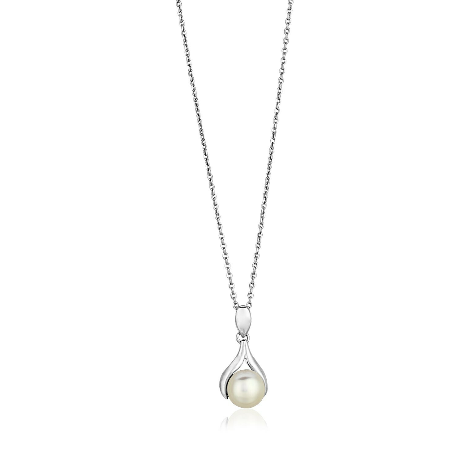 Sterling Silver Leaf Motif Necklace with Freshwater Pearl, Size: 18&quot;