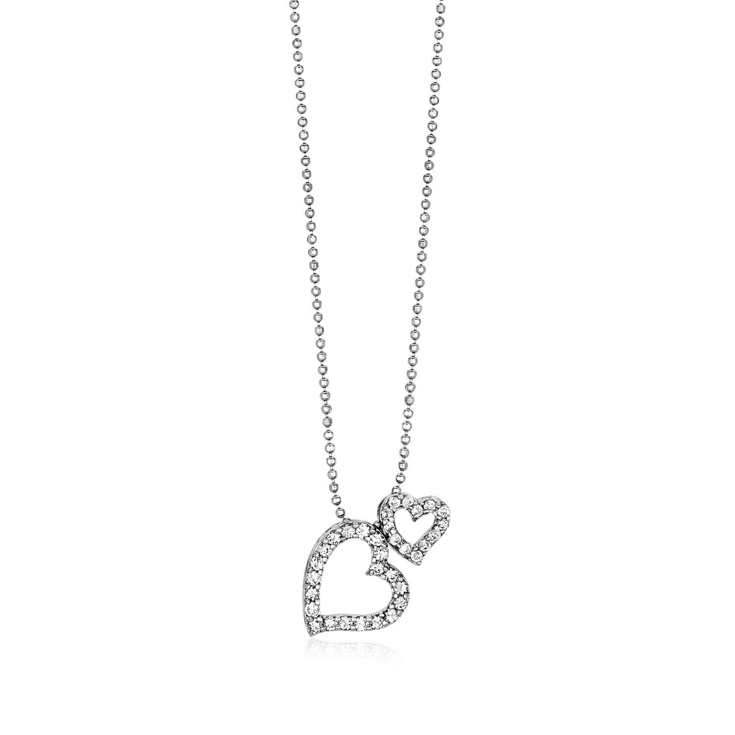 Sterling Silver Necklace with Two Open Hearts and Cubic Zirconias, Size: 18&quot;