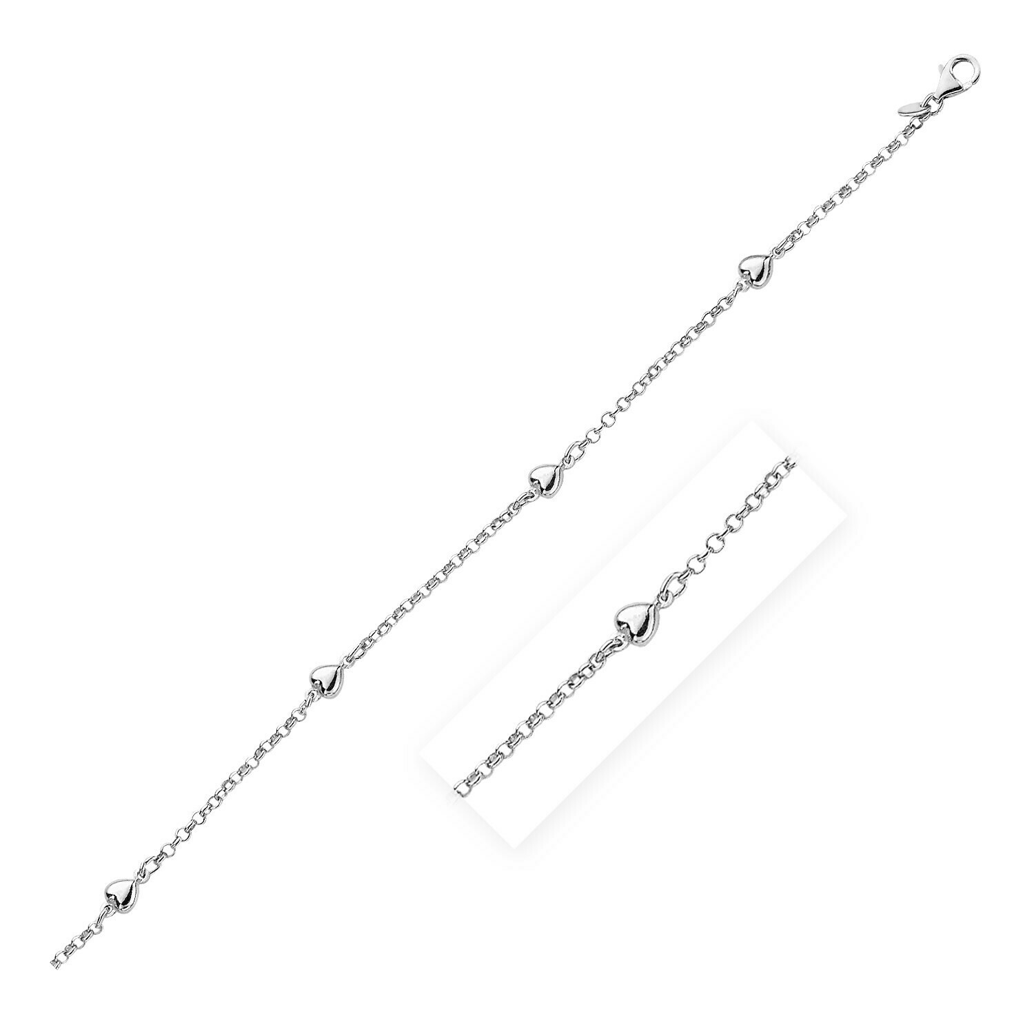 Sterling Silver Chain Anklet with Polished Hearts, Size: 10&quot;