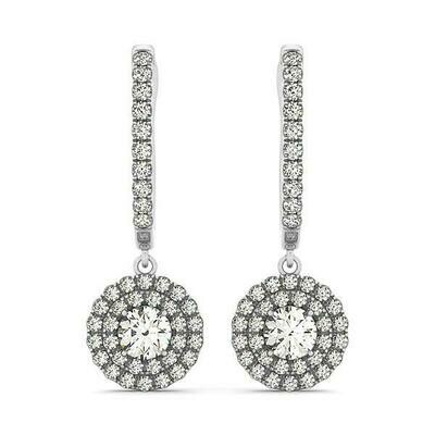 14k White Gold Double Halo Round Diamond Drop Earrings (1 cttw)