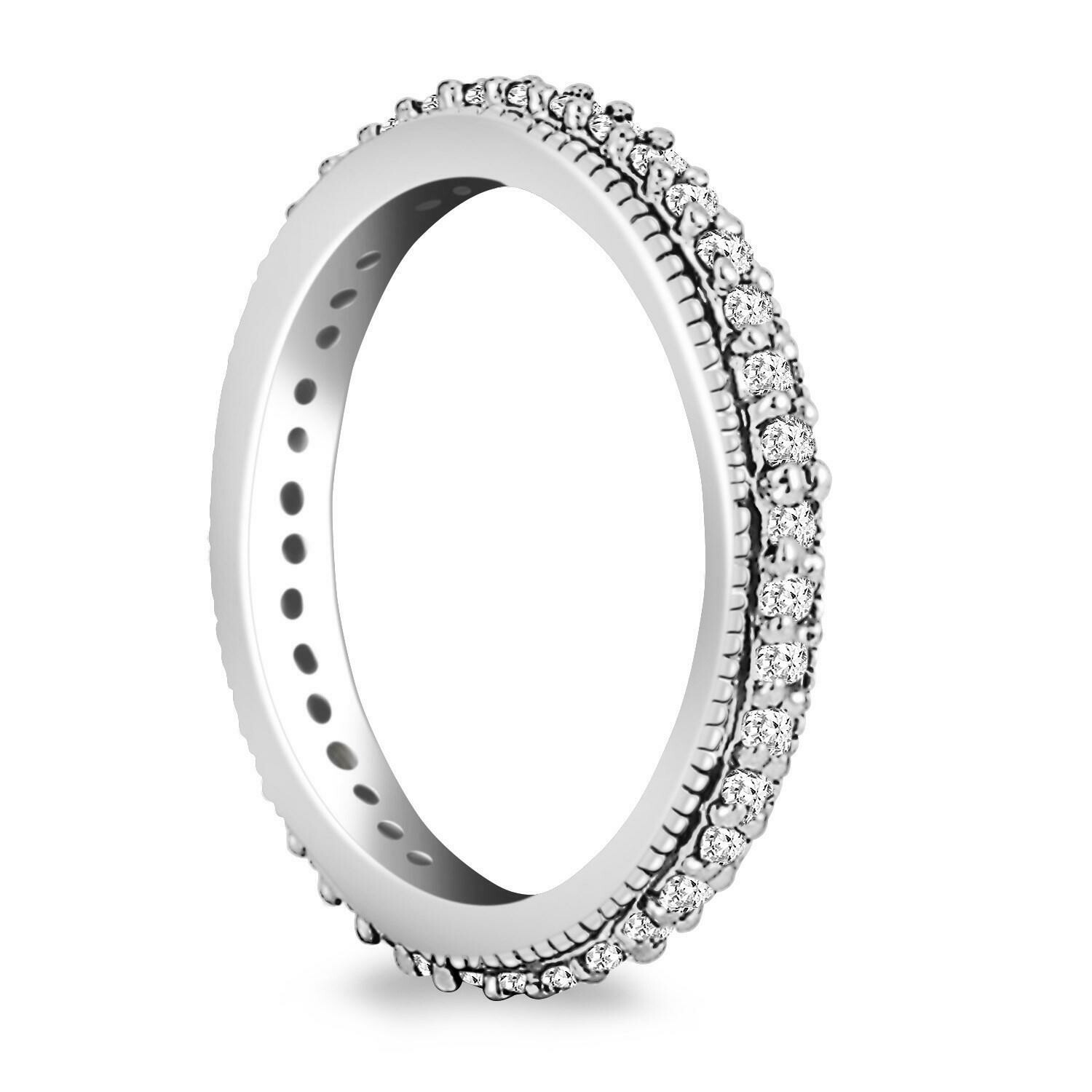 14k White Gold Pave Set Round Cut Diamond Eternity Ring with Milgrained Edging, Size: 5