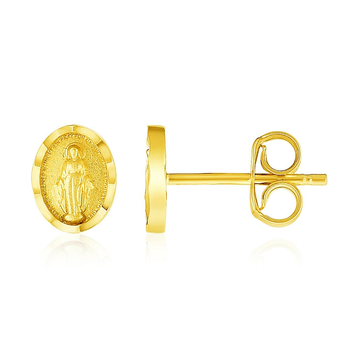 14k Yellow Gold Oval Religious Medallion Post Earrings