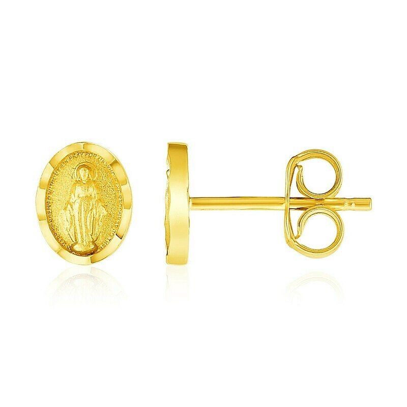 14k Yellow Gold Oval Religious Medallion Post Earrings